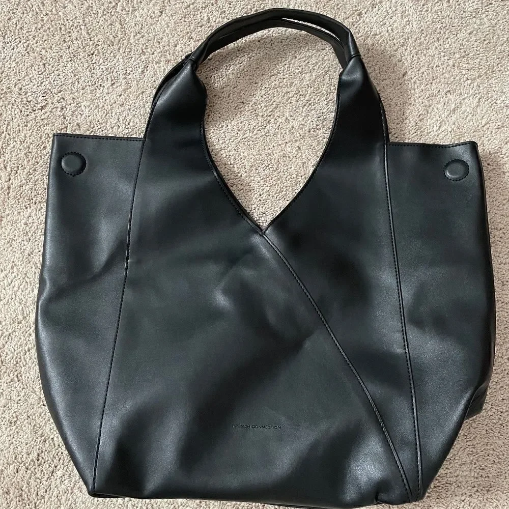French Connection Black Suede and Faux Leather Kiera Tote Bag